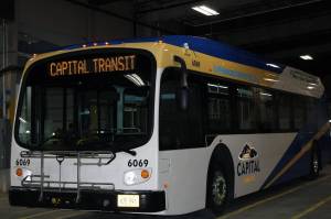 Juneaus first electric bus, parked in the Capital Transit garage on April 8, 2021. As more electric busses join the fleet and the new Valley Transit Center opens, existing bus routes will be reconfigured. (Dana Zigmund / Juneau Empire File)