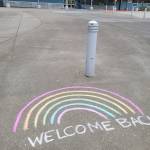 A sidewalk-based message welcomes students and staff back to Sít Eetí Shaanàx-Glacier Valley School ahead of the first day of school on Monday, Aug. 16.