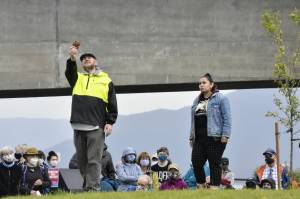 Theater Alaska performers Bostin Christopher, left, and Erin Tripp perform a short play in front of an audience at Mayor Bill Overstreet Park on Saturday, Aug. 14, 2021. Theater Alaska partnered with environmental group 350Juneau to put on a Climate Fair for a Cool Planet, which drew over 100 people. (Peter Segall / Juneau Empire)