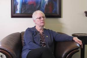 Alaska House Speaker Louise Stutes speaks to reporters after a floor session on Friday, Aug. 20, 2021, in Juneau, Alaska. Lawmakers are meeting in special session, with the annual dividend paid to residents a key topic. (AP Photo / Becky Bohrer)