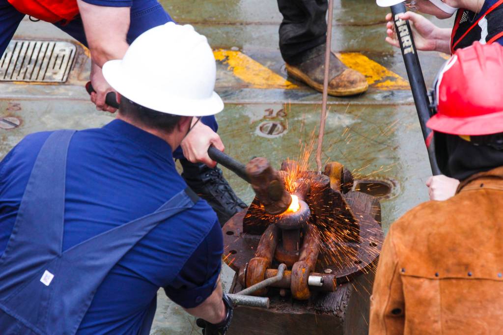 Coast Guardsmen compete in the heat and beat, one of the inter-vessel competitions during this years Buoy Tender Roundup at Sector Juneau, on Wednesday, Aug. 25, 2021. (Michael S. Lockett / Juneau Empire)