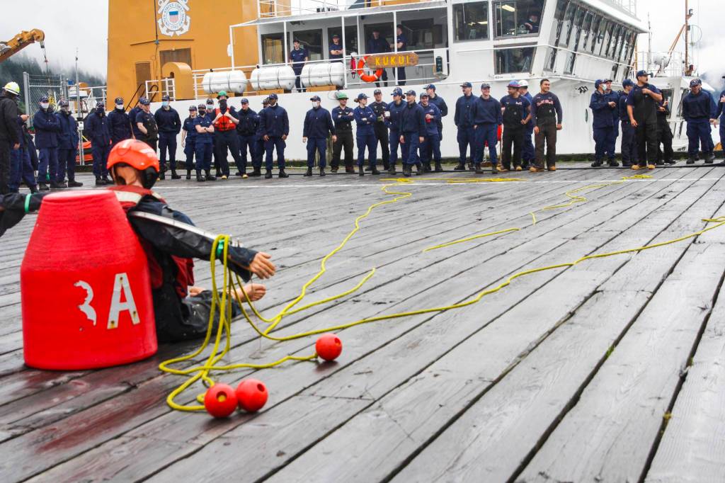 Rescue lines lay across the target dummy following a successful round in the line toss, one of the inter-vessel competitions during this years Buoy Tender Roundup at Sector Juneau, on Wednesday, Aug. 25, 2021. (Michael S. Lockett / Juneau Empire)