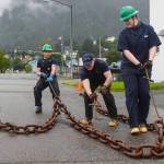 Coast Guardsmen compete in the chain drag, one of the inter-vessel competitions during this years Buoy Tender Roundup at Sector Juneau, on Wednesday, Aug. 25, 2021. (Michael S. Lockett / Juneau Empire)