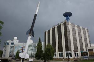 The Elvey Building (with the satellite dish on top), home to the Geophysical Institute on the UAF campus. (Courtesy Photo / Ned Rozell)