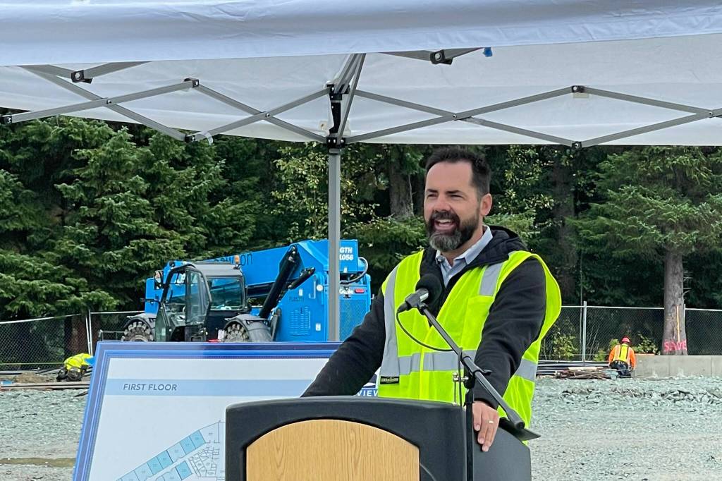 Matt Parks, president of Torrey Pines Development, speaks during the groundbreaking of the Riverview Senior Living community, which his company is helping the City and Borough of Juneau to develop, on Sept. 8, 2021. (Michael S. Lockett / Juneau Empire)