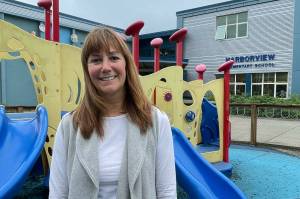Bridget Weiss, seen here outside of Harborview Elementary School on Sept. 8, 2021, was named by Time Magazine as one of 29 educators or school staff across the country to be recognized for their exemplary efforts in the face of the pandemic. (Michael S. Lockett / Juneau Empire)