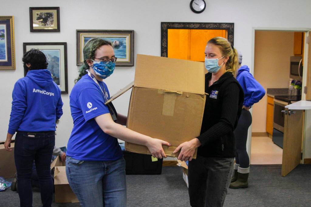 Michael S. Lockett / Juneau Empire
AmeriCorps members pack emergency preparedness kits for Central Council of Tlingit and Haida Indian Tribes of Alaskas Tribal Emergency Operations Center as part of a day of service on Sept. 10, 2021.
