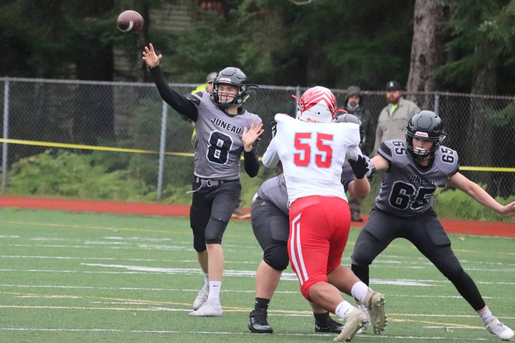 Noah Chambers throws the ball during a game against East Anchorage High School on Sept. 4, 2021. Chambers turned in another solid performance last week as the Huskies beat Service High School in an away game. (Ben Hohenstatt / Juneau Empire File)