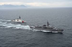 The U.S. Coast Guard Cutter Kimball and the Japanese Ship Kashima, a naval training vessel of the Japan Maritime Self-Defense Force, transit together during a maritime exercise near Dutch Harbor on Sept. 20, 2021. (Courtesy photo / USCG)