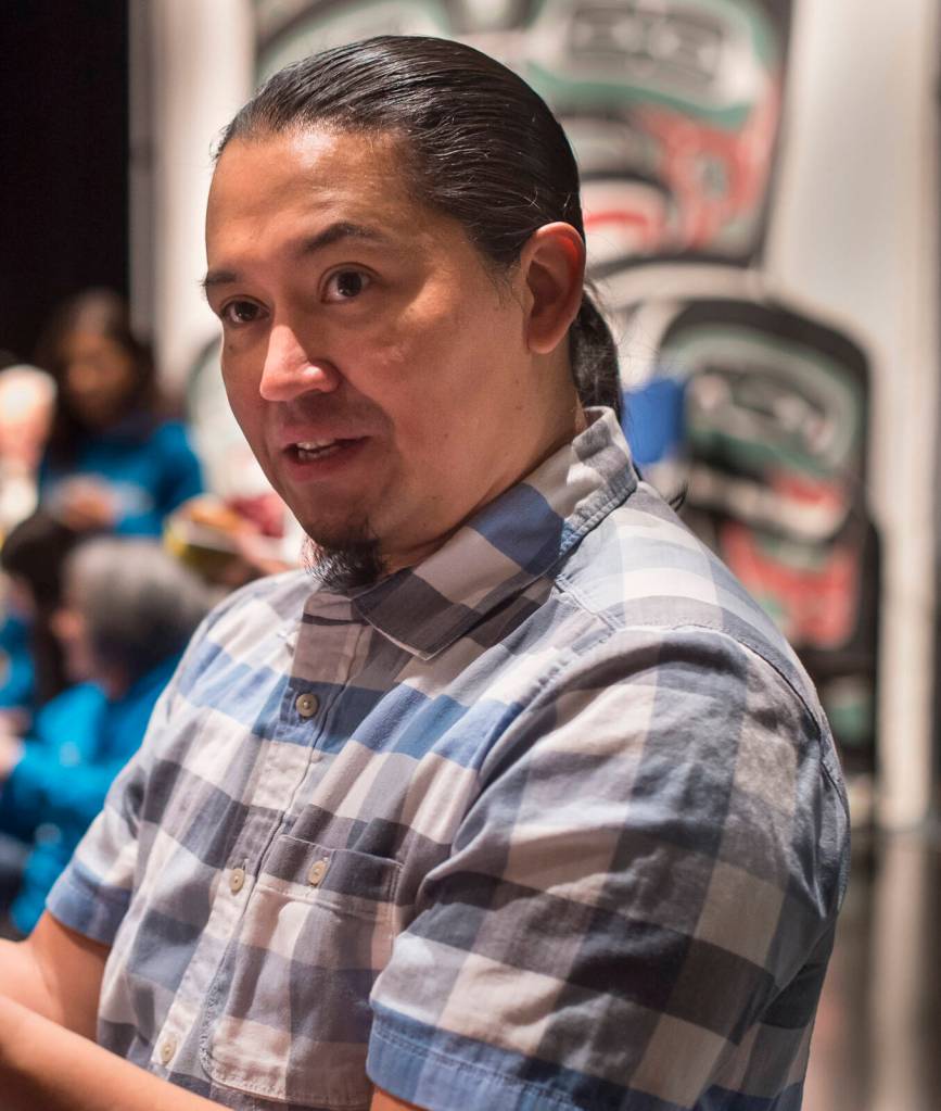 This November 2018 photo shows X unei Lance Twitchell, poet, language revitalization advocate and an associate professor of Alaska Native languages at the University of Alaska Southeast, speaking about how new words are created in Native languages at the Voices of Our Ancestors Language Summit at Centennial Hall. Twitchell will use his award money to produce a screenplay in Lingít about two brothers who escaped from a Native American boarding school. (Michael Penn /| Juneau Empire File)
