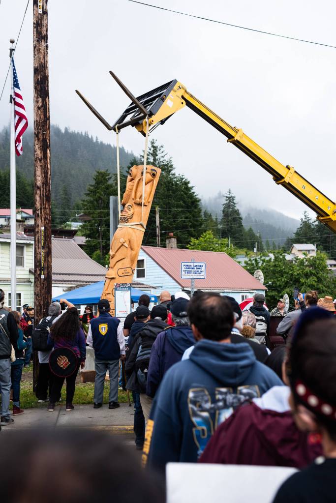 A totem pole carved by Gordon Greenwald is raised in Hoonah in July. The totem pole was a collaborative effort between the local tribal government, the Huna Heritage Foundation, local corporations and Stanley Steamie Thompson, a Hoonah local whose last wish was for this totem pole to be erected. (Courtesy Photo / Ian Johnson)