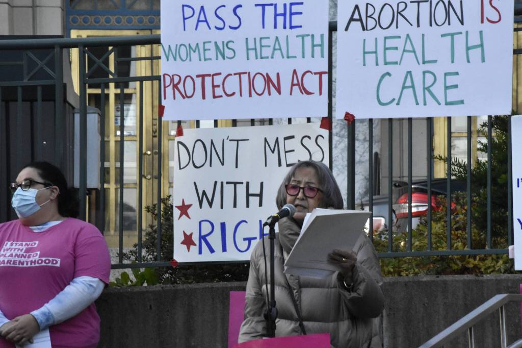 Rosita Kaaháni Worl, president of the Sealaska Heritage Foundation, speaks at a rally for abortion rights across the street from the Alaska State Capitol on Monday, Oct. 4, 2021. Rallies were held across the nation following the passage of restrictive abortion laws, particularly in Texas. (Peter Segall / Juneau Empire)