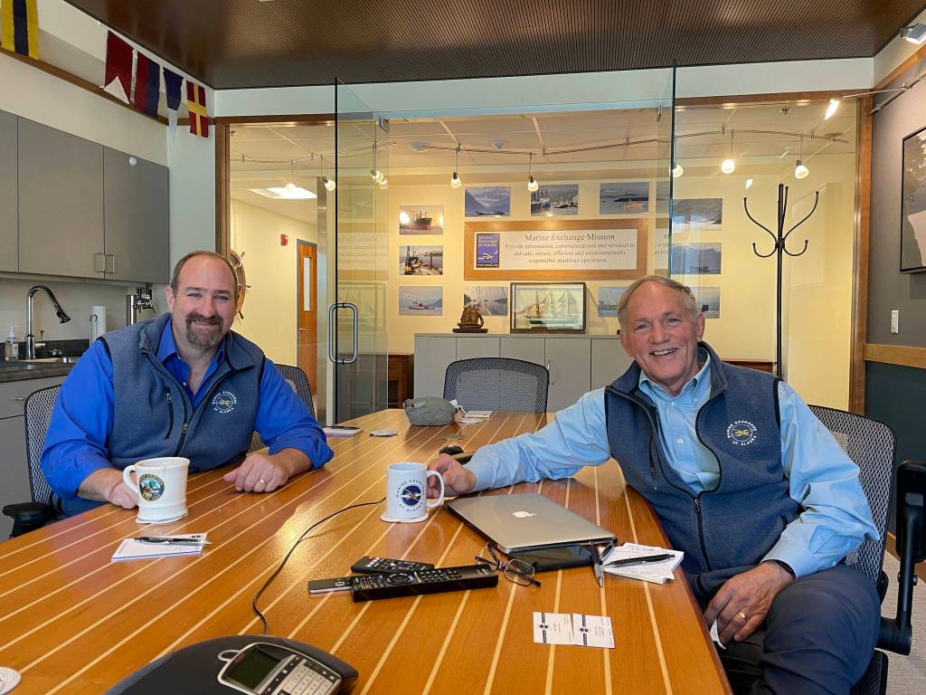Stephen White, left, took over the executive directorship of the Marine Exchange of Alaska in September from Ed Page, right. (Michael S. Lockett/ Juneau Empire)