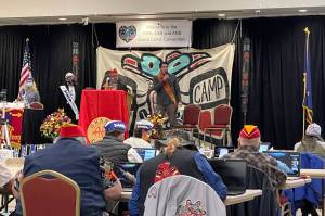 Michael S. Lockett / Juneau Empire 
Speakers address participants in the Alaska Native Brotherhood/Alaska Native Sisterhoods 109th Grand Camp Convention at Elizabeth Peratrovich Hall on Oct. 8, 2021.