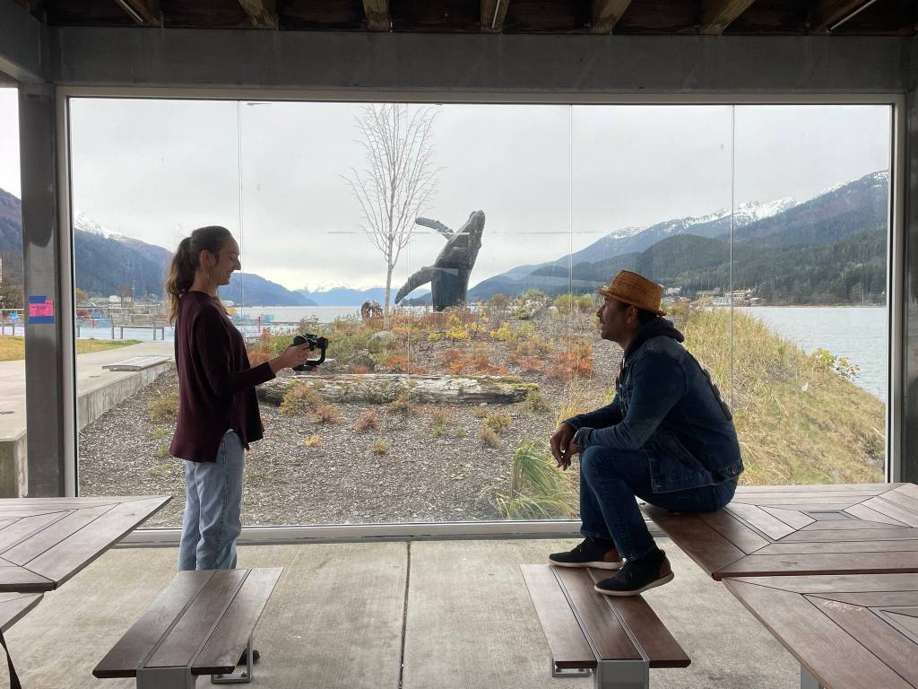Michael S. Lockett / Juneau Empire
Stephen Qucang Blanchett, creative director of Rock Aakw Indigenous Music Festival, shoots an ad for the festival with Taylor Vidic, the project manager, at Mayor Bill Overstreet Park on Oct. 19, 2021. The festival will feature over a dozen musical acts.