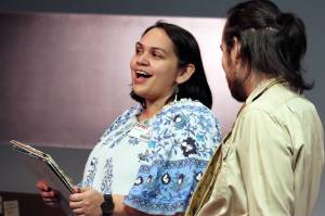 Sarah (Erin Tripp) talks to Carl (Jared Olin) while the two low-level NASA workers work to make the 1970s Voyager project happen in a dress rehearsal for Perseverance Theatres Voyager One. (Ben Hohenstatt / Juneau Empire)