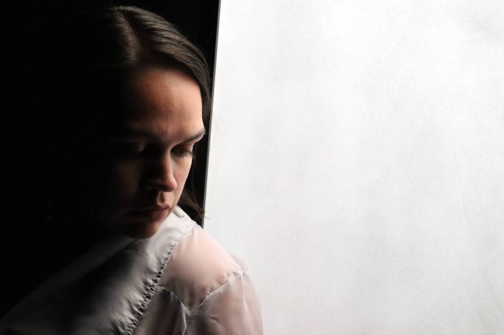 A woman (Erin Tripp) with no memory of who she is or when and where she is from awakes for the first time in a long time during rehearsals for Perseverance Theatres Voyager One. (Ben Hohenstatt / Juneau Empire)