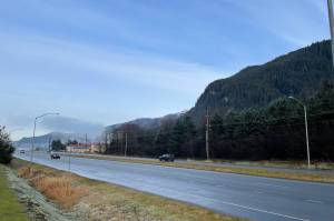Icy conditions caused a wreck on Egan Drive near the hospital on Nov. 4, 2021. (Michael S. Lockett / Juneau Empire)