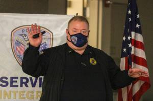 Lt. Scott Erickson teaches a class on use of force policy to a group of Juneau residents during the Juneau Police Departments Citizens Academy on Nov. 4, 2021. (Michael S. Lockett / Juneau Empire)