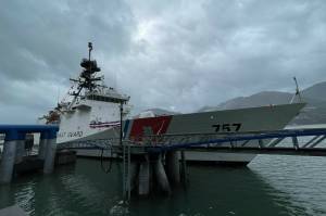 Michael S. Lockett / Juneau Empire
This August photo shows the cutter Midgett moored in Juneau. The U.S. Coast Guard, including the Midgett, is as of early November edging toward total vaccination.