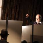 Arthur Birling (Dan Wayne) shakes his fist at sign-holding demonstrators during a dress rehearsal for Theatre in the Roughs upcoming An Inspector Calls. The play was written in the 1940s by J.B. Priestley, a notable British socialist, broadcaster and writer. Labor politics are more subtext than overt in An Inspector Calls but the affiliation with socialism did not help the plays popularity in the U.S. in the late 40s and 50s. (Ben Hohenstatt / Juneau Empire)