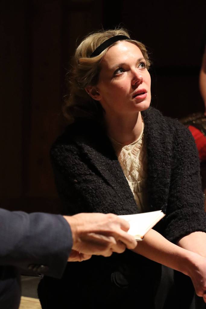 Eva Smith ( Evgenia Golofeeva) speaks during dress rehearsal for Theatre in the Roughs upcoming An Inspector Calls. (Ben Hohenstatt / Juneau Empire)