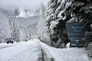 The entrance to the Mendenhall Glacier Recreation Area in the Tongass National Forest was covered in snow on Friday, Nov. 19, 2021, a day after federal authorities announced the next step in restoring the 2001 Roadless Rule on the forest. (Peter Segall / Juneau Empire)