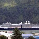 Dana Zigmund / Juneau Empire 
The Nieuw Amsterdam sails into Juneau on July 26, 2021. On Monday night, city leaders reviewed the results of a community survey aimed at learning more about community attitudes about the impact of large cruise ships.