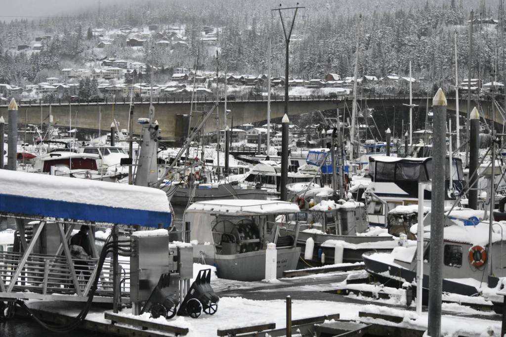 Heavy snow and rain fell on Juneaus Aurora Harbor on Tuesday, Dec. 7, 2021, creating potentially hazardous conditions. City and Borough of Juneau Docks and Harbors officials asked boat owners to keep a careful eye on their vessels as heavy snow and rain is expected through the week. (Peter Segall / Juneau Empire)
