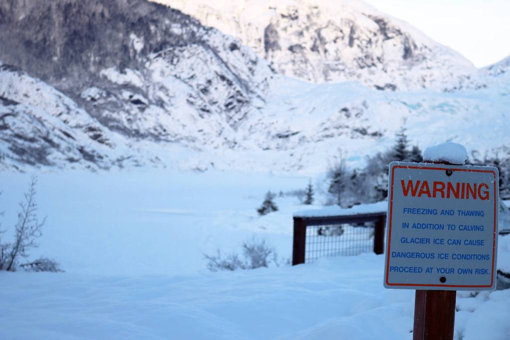 Ice on Mendenhall Lake is never completely safe to walk on, said a Capital City Fire/Rescue officer. Thats because of widely varying and hard-to-discern conditions under the surface., but common sense can mitigate some risk. (Ben Hohenstatt / Juneau Empire)