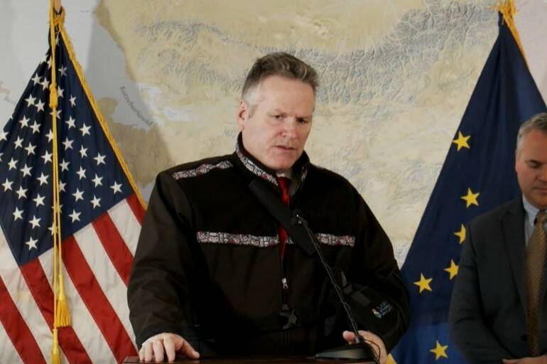 Gov. Mike Dunleavy announced his People First Initiative - a package of programs and reforms aimed at increasing public safety - at a press conference in Anchorage on Tuesday, Dec. 14, 2021. The package of reforms is meant to address five major intersecting topics, the governor said: domestic violence and sexual assault; Missing and Murdered Indigenous People; human/sex trafficking; foster care and homelessness. (screenshot)