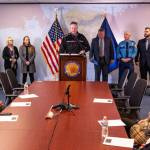 Gov. Mike Dunleavy unveils the People First Initiative, a sweeping effort to target domestic violence and sexual assault, missing and murdered Indigenous people, human sex trafficking, foster care and homelessness, in a Tuesday news conference in Anchorage. The plan is a part of Dunleavys budget proposal for the next fiscal year. (Courtesy Photo / Office of the Governor)