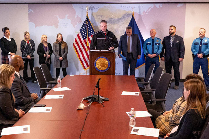 Gov. Mike Dunleavy unveils the People First Initiative, a sweeping effort to target domestic violence and sexual assault, missing and murdered Indigenous people, human sex trafficking, foster care and homelessness, in a Tuesday news conference in Anchorage. The plan is a part of Dunleavys budget proposal for the next fiscal year. (Courtesy Photo / Office of the Governor)