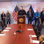 Gov. Mike Dunleavy unveils the People First Initiative, a sweeping effort to target domestic violence and sexual assault, missing and murdered Indigenous people, human sex trafficking, foster care and homelessness, in a Tuesday news conference in Anchorage. The plan is a part of Dunleavys budget proposal for the next fiscal year. (Courtesy Photo / Office of the Governor)