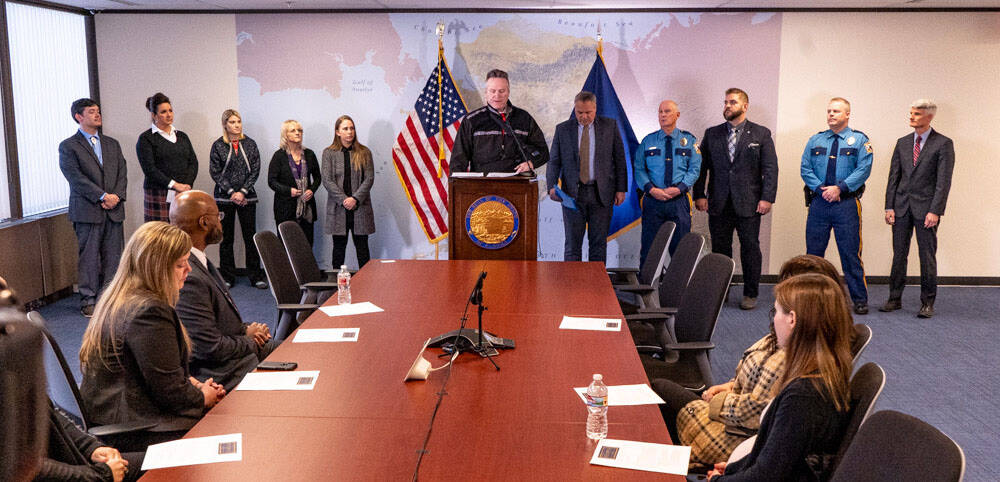 Gov. Mike Dunleavy unveils the People First Initiative, a sweeping effort to target domestic violence and sexual assault, missing and murdered Indigenous people, human sex trafficking, foster care and homelessness, in a Tuesday news conference in Anchorage. The plan is a part of Dunleavys budget proposal for the next fiscal year. (Courtesy Photo / Office of the Governor)