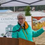 Chair of the Teal Street Center Campaign Committee Sioux Douglas speaks during the groundbreaking ceremony for the Teal Street Center, a multi-tenant building housing a number of nonprofit and tribal services for Southeast residents next to the Glory Hall on Nov. 2, 2021. Douglas was recently named Philanthropist of the Year award during the Juneau Community Foundations annual Philanthropy recognition event. (Michael S. Lockett / Juneau Empire File)