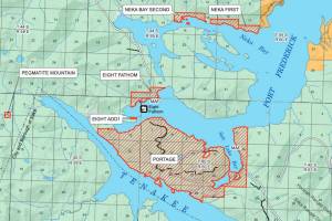 This map, provided by Alaska Natives Without Land, shows possible federal land grants for the landless community of Tenakee Springs, one of five communities in Alaska not granted land by the Alaska Native Claims Settlement Act in 1971. (Screenshot)