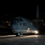 A U.S. Marine Corps KC-130J Super Hercules assigned to Marine Aerial Refueler Transport Squadron 152, 1st Marine Aircraft Wing, taxis the runway to deliver the snowmobiles and gear in support of Marines with Delta Company, 4th Law Enforcement Battalion, Marine Forces Reserve at Kotzebue, Alaska, Dec. 8, 2021. (U.S. Marine Corps / Cpl. Brendan Mullin)