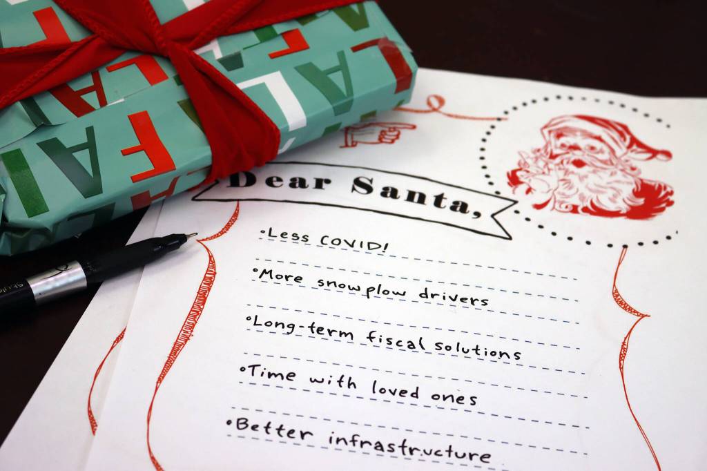 Ben Hohenstatt / Juneau Empire
This photo illustration shows some of the things that city, state and federal officials told the Empire they want for Christmas. An end to the pandemic or fewer COVID-19 cases were popular choices, but responses were varied.