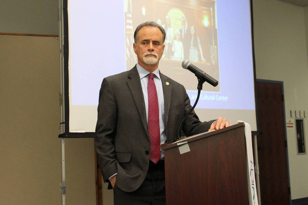 State Sen. Peter Micciche fields questions from constituents during a joint chamber luncheon on Wednesday, Jan. 5, 2022 at the Kenai Chamber of Commerce and Visitor Center in Kenai, Alaska. (Ashlyn OHara/Peninsula Clarion)