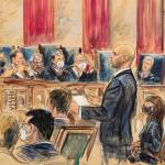 This artist sketch depicts lawyer Scott Keller standing to argue on behalf of more than two dozen business groups seeking an immediate order from the Supreme Court to halt a Biden administration order to impose a vaccine-or-testing requirement on the nations large employers during the COVID-19 pandemic, at the Supreme Court in Washington, Friday, Jan. 7, 2022. Solicitor General Elizabeth Prelogar, the Biden administrations top Supreme Court lawyer, is seated at right. (Dana Verkouteren)