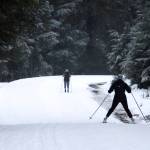 Two skiers make their way down Montana Creek Trail in this December 2020 photo. The groomed trail allows for snowy strolling. (Ben Hohenstatt / Juneau Empire File)