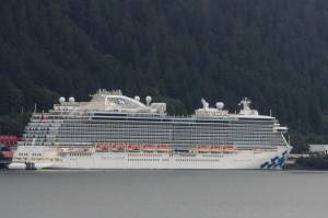 In this Empire file photo, a Princess Cruise Line ship is seen docked in Juneau on Aug. 25, 2021. The U.S. Department of Justice announced Wednesday the company pleaded guilty to violating the terms of its probabtion stemming from a 2017 conviction for illegal wastewater dumping. (Michael Lockett / Juneau Empire file)