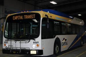 Juneaus first electric bus, parked in the Capital Transit garage on April 8, 2021. The bus has experienced some mechanical and battery problems since entering service last spring. (Dana Zigmund / Juneau Empire File)