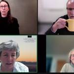 University of Alaska Interim President Pat Pitney, bottom left, spoke to UA students in a virtual forum on Thursday, Jan. 27, 2022, and was joined by several UA administrators including UA Southeast President Karen Carey, bottom left, and UA Anchorage Vice Chancellor Bruce Schultz, top left. At top right, an American Sign Language professional provides translation services. (Screenshot)