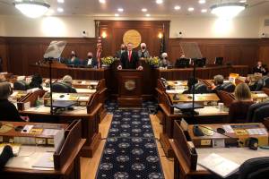 Senators and members of the House of Representatives gather in the House Chamber for Gov. Mike Dunleavy's State of the State speech on Jan. 25, 2022. Both the House and Senate Chambers are located on the second floor of the Alaska State Capitol building. (Peter Segall / Juneau Empire)