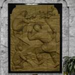 Carved murals, one of which is seen here on Feb. 8, 2022, adorn the walls of the lobby on the ground floor of the Alaska State Capitol building. In the wings of the ground floor are lawmaker offices, a room for members of the press, facilities, security and the mail room. (Peter Segall / Juneau Empire)