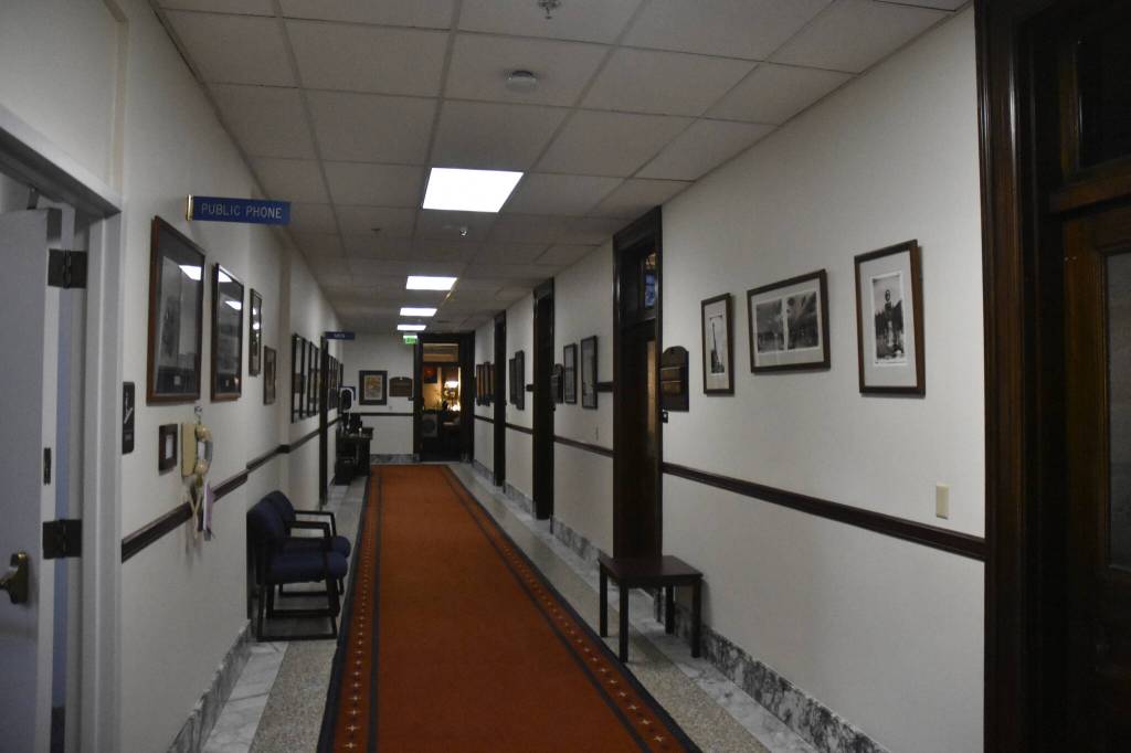 The fourth floor of the Alaska State Capitol, seen here on Feb. 1, 2022, is primarily lawmaker offices. (Peter Segall / Juneau Empire)