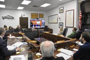 The House Labor and Commerce Committee speaks with Alaska's Congressional delegation on Friday, Feb. 4, 2022, about the Bipartisan Infrastructure Bill which is set to bring billions of dollars to the state. (Peter Segall / Juneau Empire)