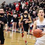 TMHS Wallace Adams (12) races down the court during Saturday nights win. He is pursued by JDHS Porter Nelson (1) and Alwen Carrillo (3). (Ben Hohenstatt)